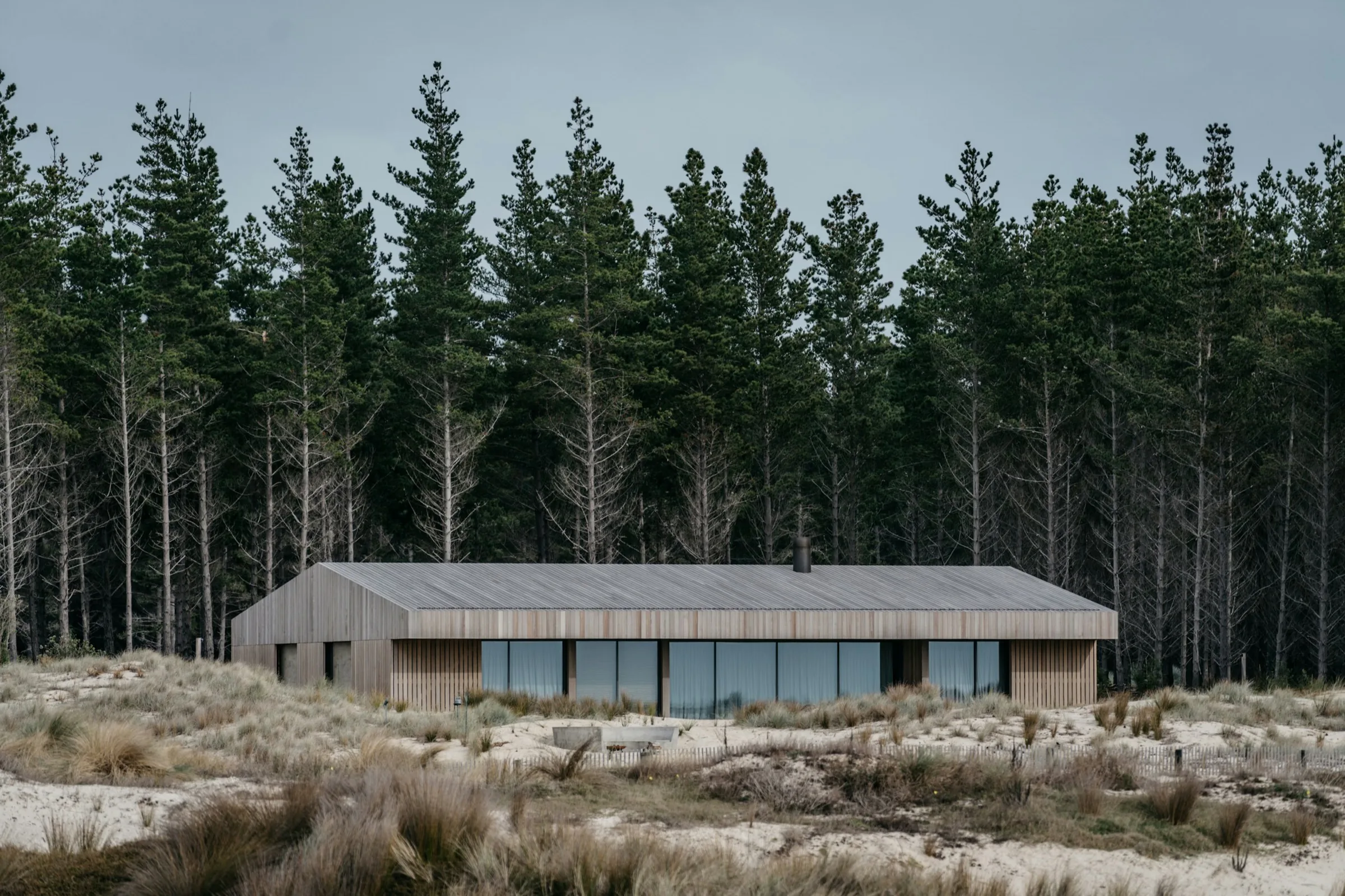 Long, low timber house in front of a stand of tall pines